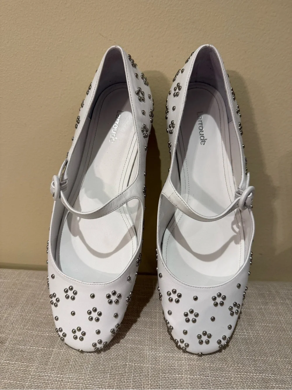 Larroudé White Leather Studded Blair Mary Jane Flats Size 9.5
